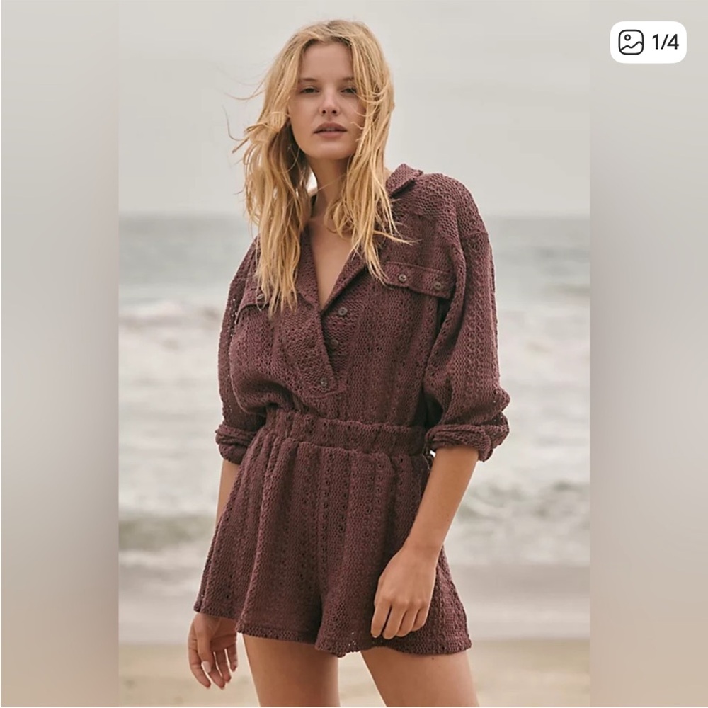 Free People Beach Ryan Crochet Romper One Piece Size M Burgundy Red Plum